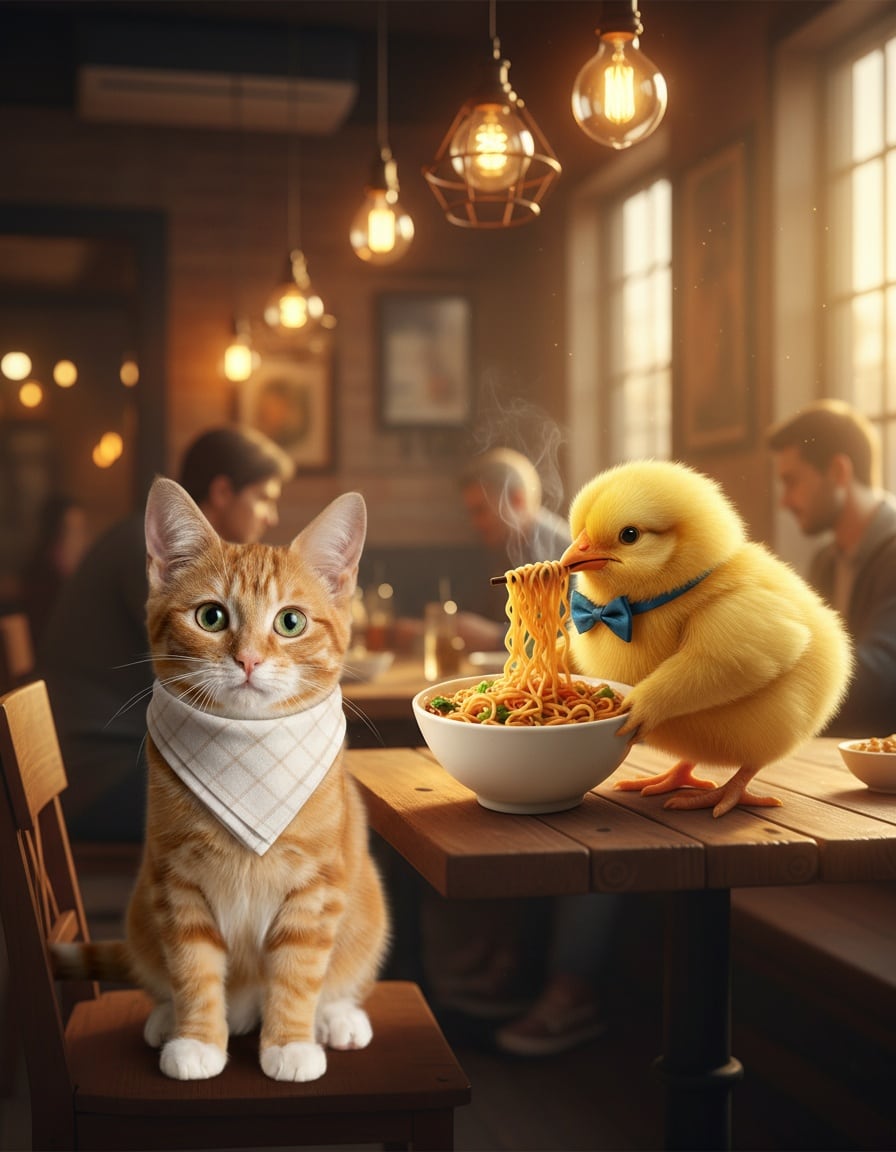 A ginger cat in a restaurant is served noodles by a fluffy yellow chick wearing a bow tie.