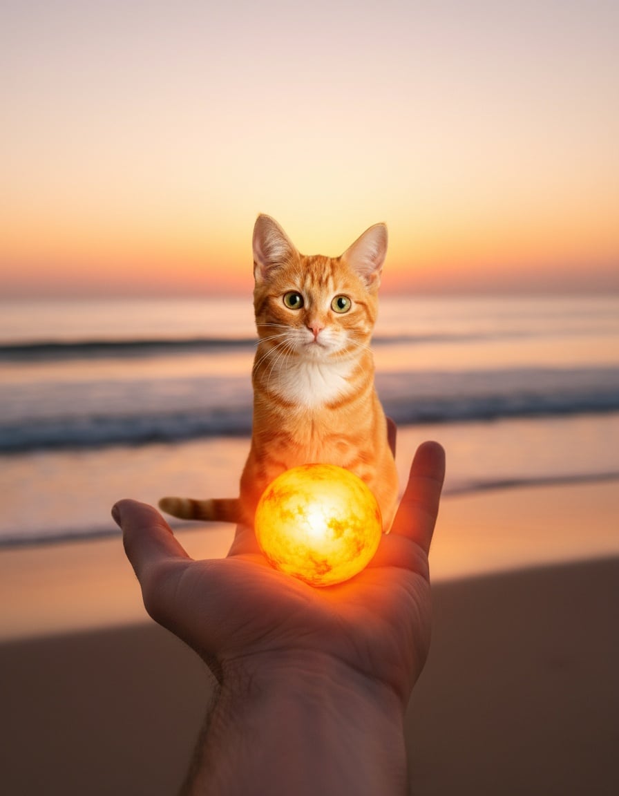 A ginger cat sits in an open human hand that appears to hold the setting sun over the beach.