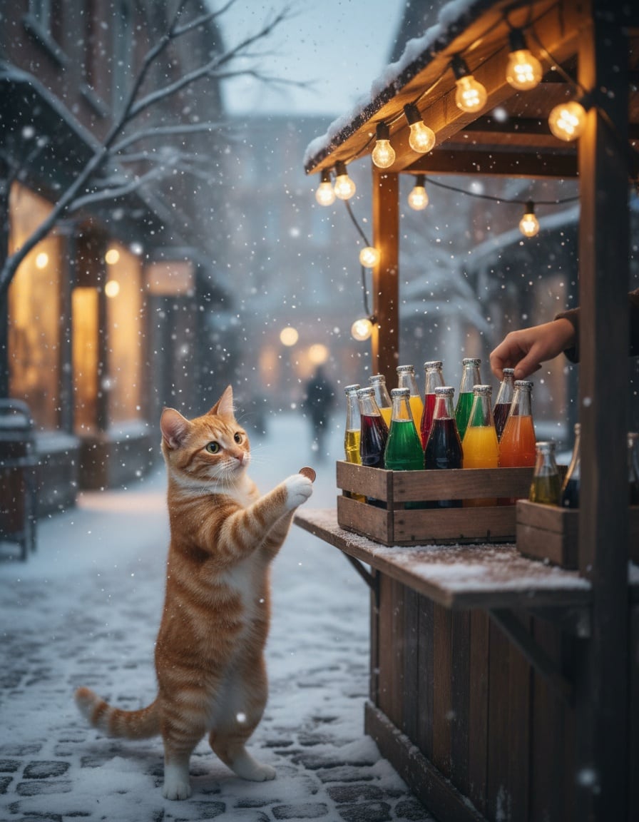 A ginger cat at a snowy street kiosk pays one small coin for a whole crate of soda bottles.