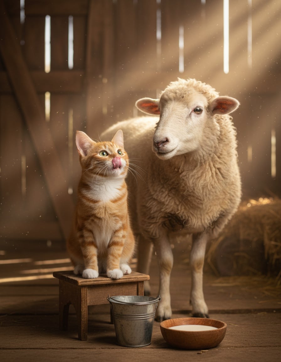 A ginger tabby cat sits beside a fluffy sheep in a barn, lapping milk from a bowl.