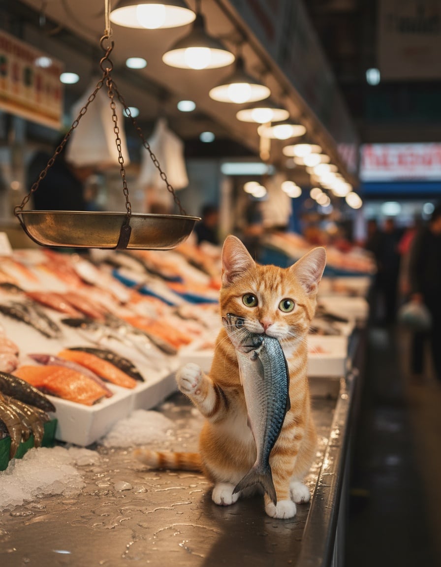 A puzzled ginger cat tilts her head beside a fish hanging on a scale at a fish market.