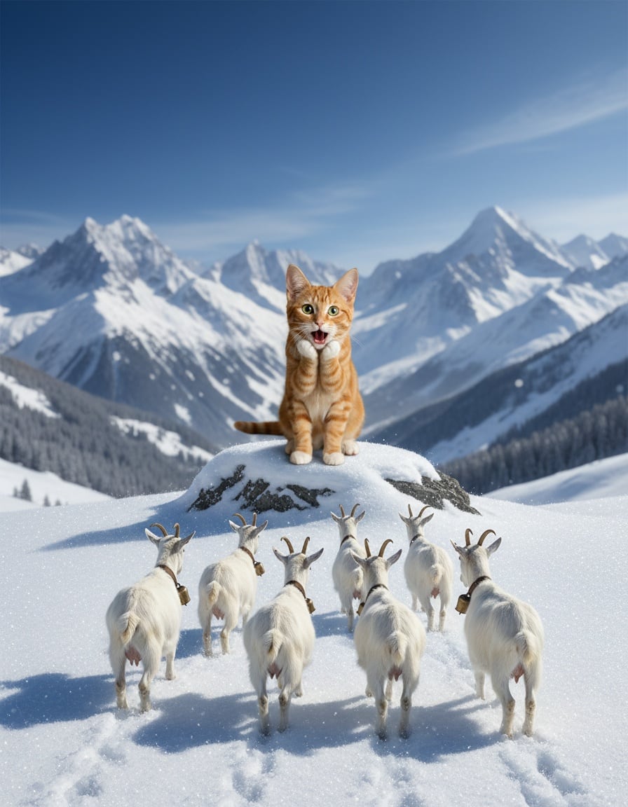 A ginger tabby cat yodels on a snowy mountain as eight goats walk toward her.