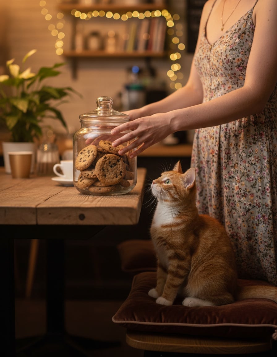 A woman in a floral dress gives a big glass cookie jar to a ginger tabby cat at a café table.