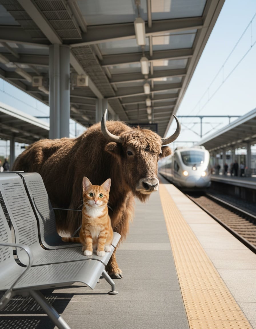 A ginger tabby cat and a shaggy yak sit together on a bench at a train station platform.