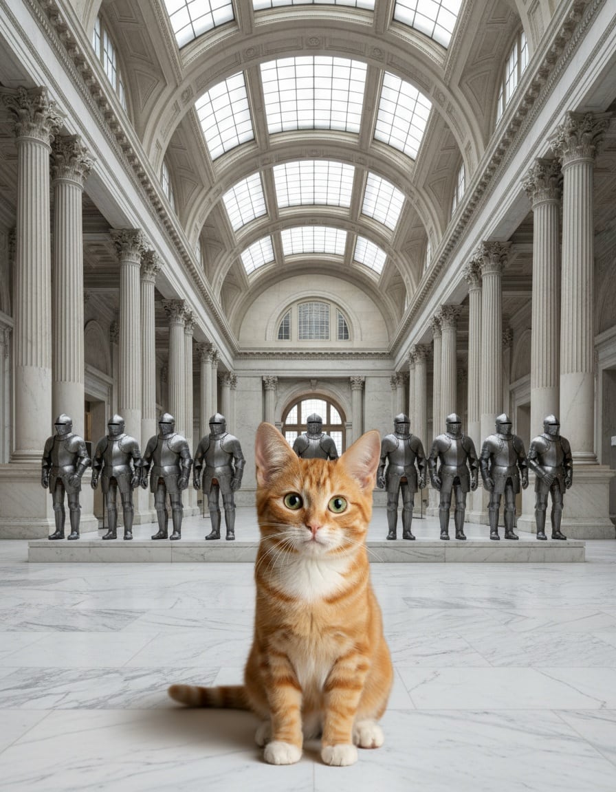 A ginger cat yells in a museum hall while ten suits of armor turn to look at her.