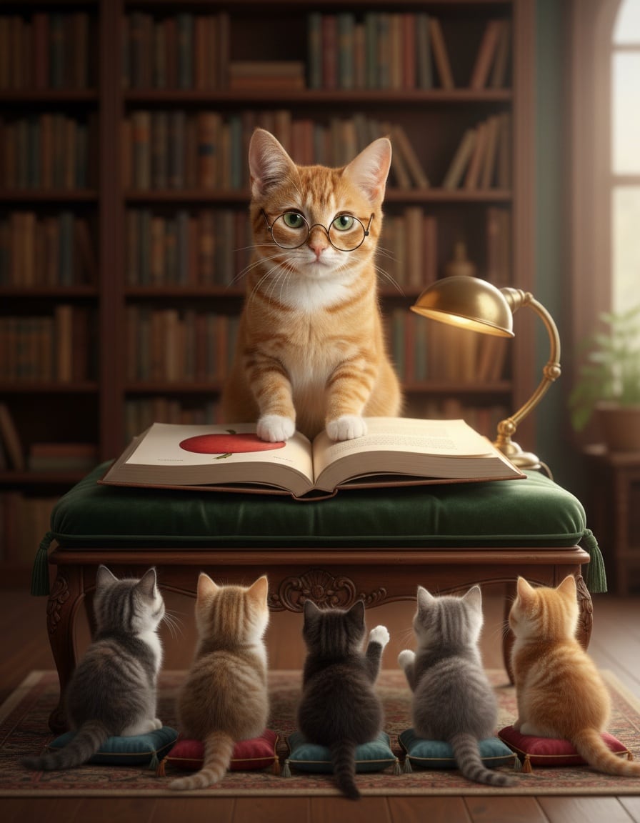A ginger cat in glasses teaches a row of small kittens from a picture book in a library.