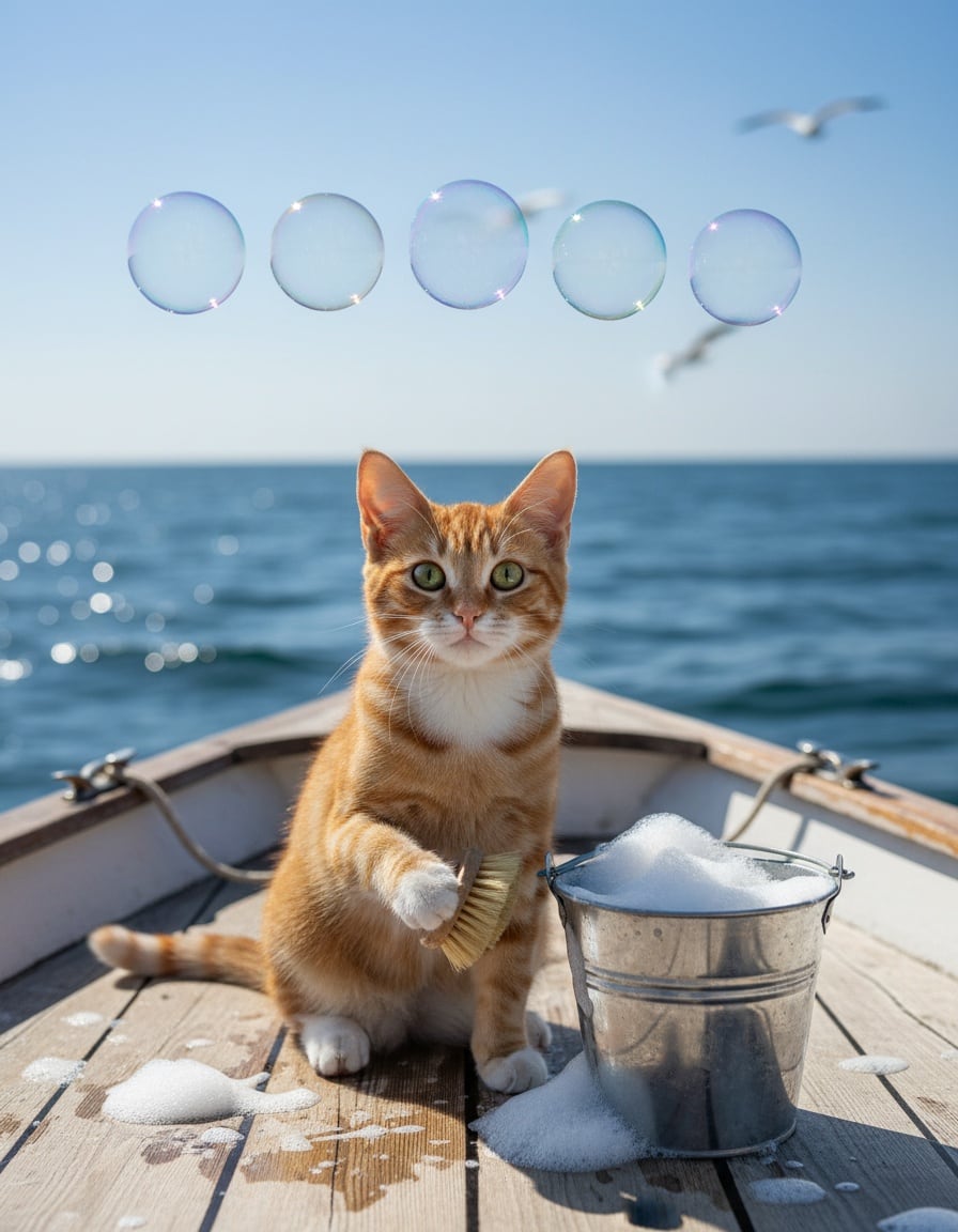 A ginger tabby cat on a boat deck watches six big soap bubbles rise from a bucket of suds.