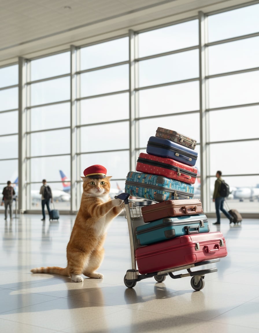 A ginger tabby cat in a porter's cap pushes a tall stack of suitcases through an airport terminal.