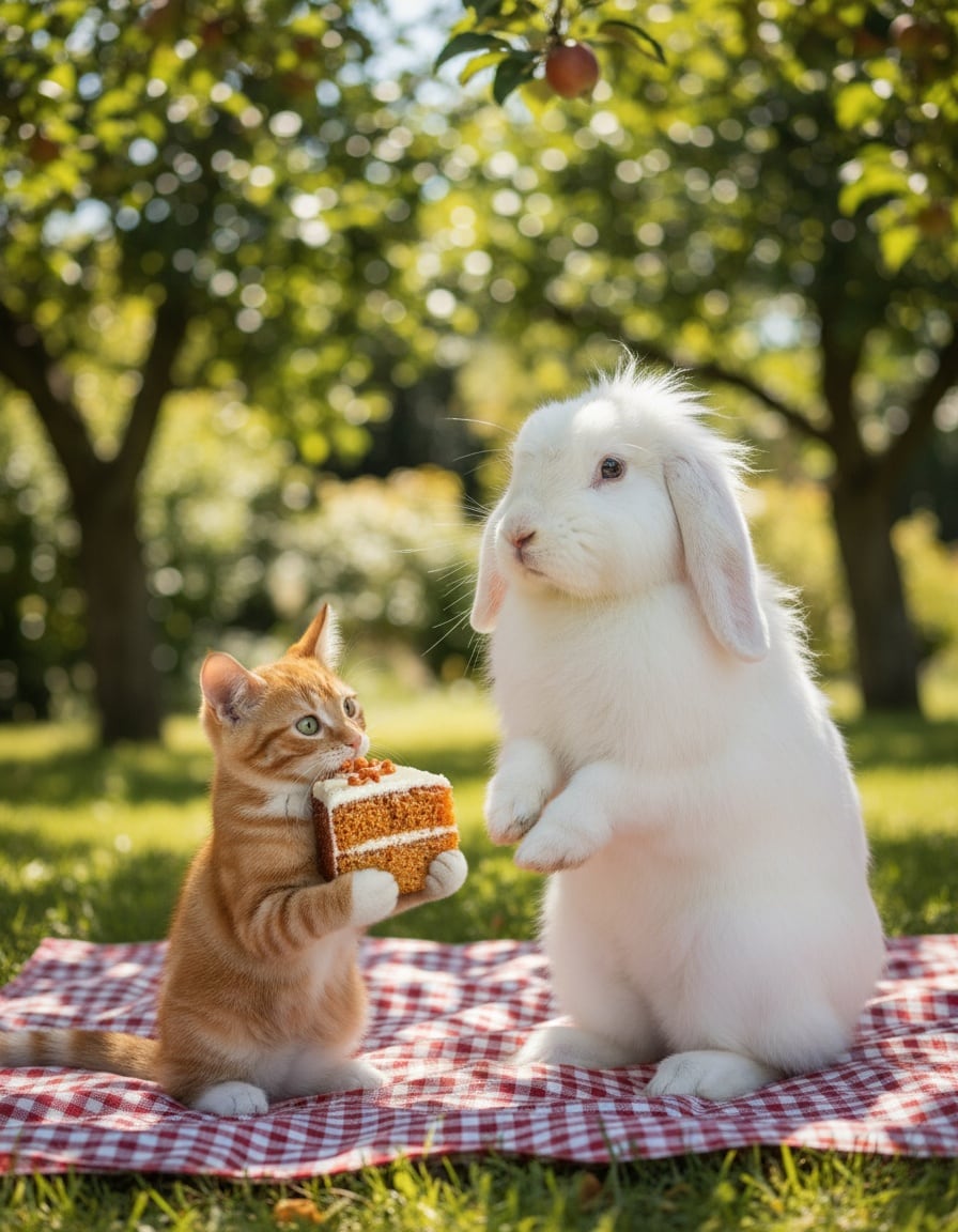 A ginger tabby cat on a picnic blanket is confronted by an impatient fluffy white angora rabbit demanding cake.