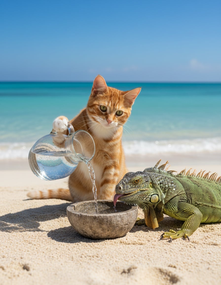 A ginger cat pours water from a jug into a bowl for a thirsty iguana on a sunny beach.