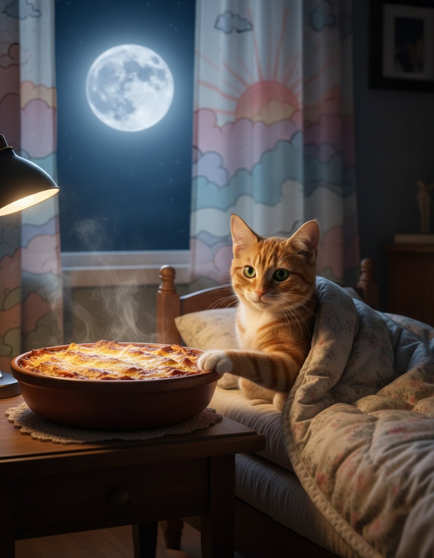A ginger cat in bed at night rests a paw on a big dish of lasagna on the bedside table.