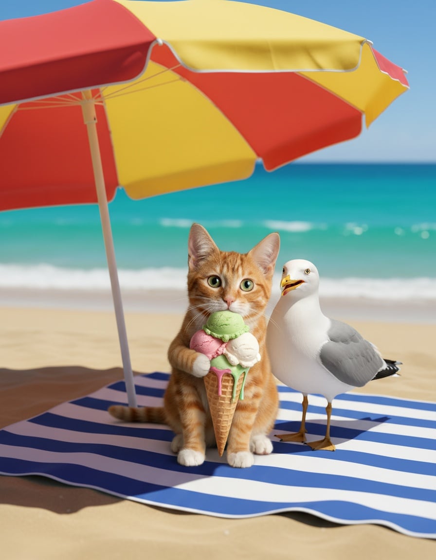 A ginger cat and a seagull sit together on a beach towel sharing ice cream.
