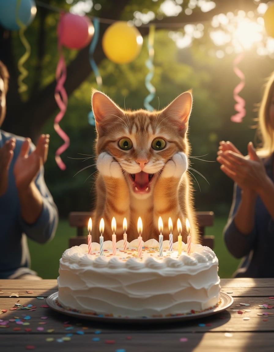 A ginger cat gasps in shock at a birthday cake full of lit candles at a garden party.