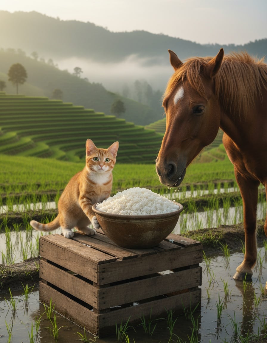 A ginger cat on a crate offers a huge bowl of white rice to a brown horse in a rice field.