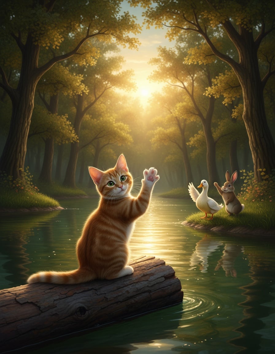 A ginger cat floats down a river on a log, waving goodbye to a duck and rabbit on the bank.