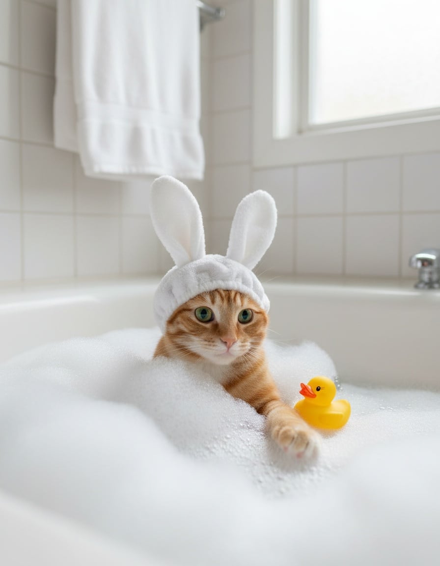 A ginger cat in a bubble bath wears a shower cap with fluffy bunny ears in a white bathroom.