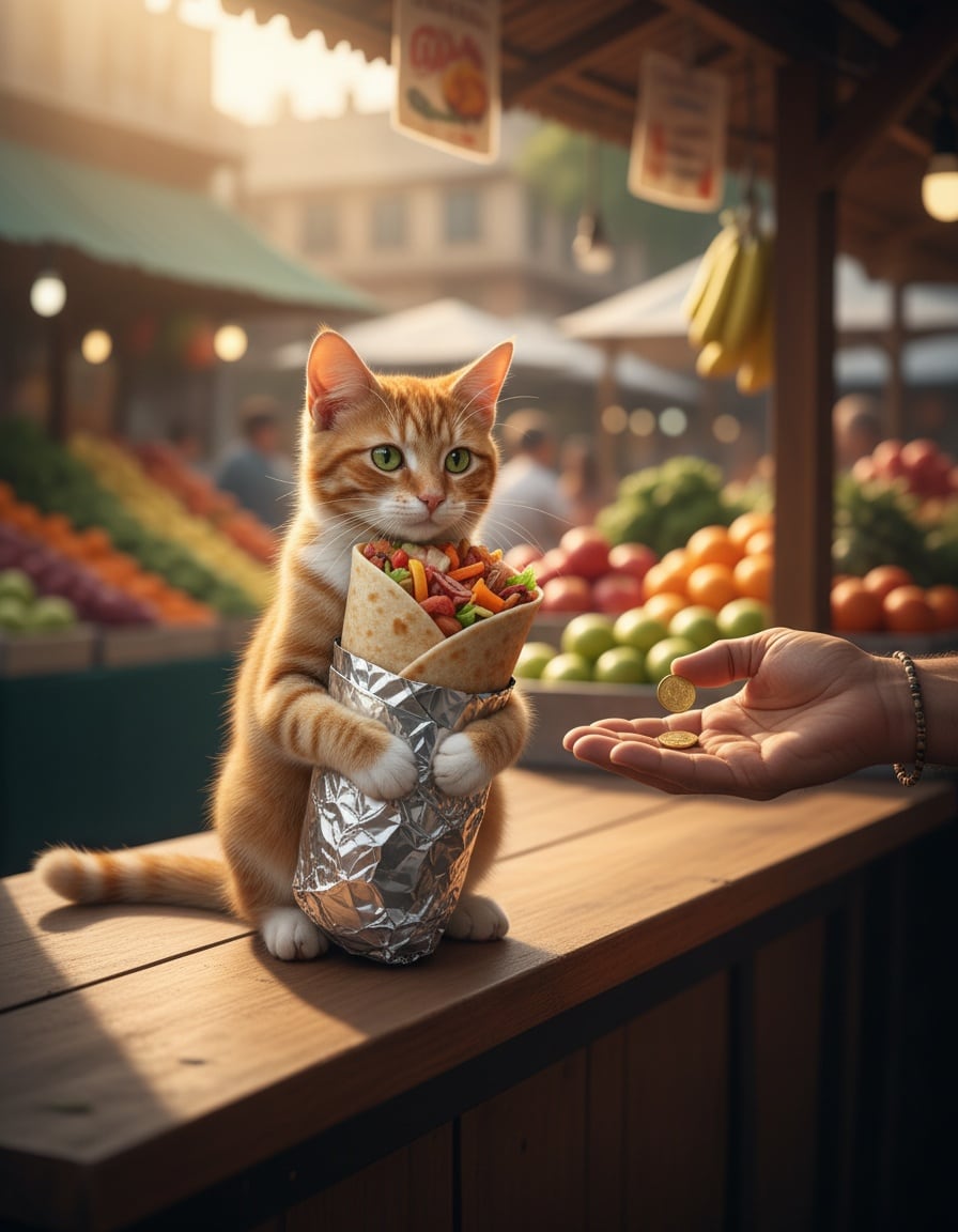 A ginger cat hugs a giant burrito while paying with one small coin at a market stall.