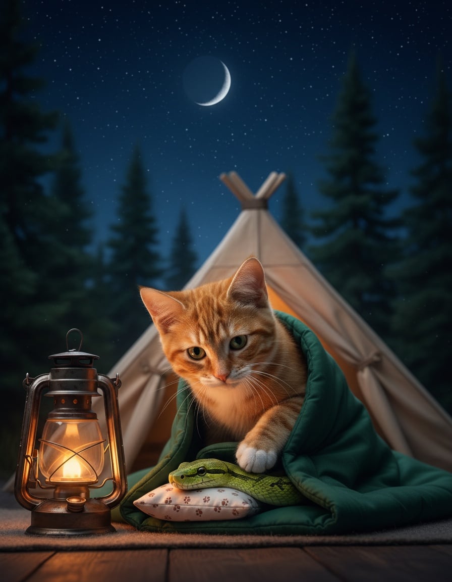 A ginger cat tucks a green snake into a sleeping bag at a campsite under a starry sky.