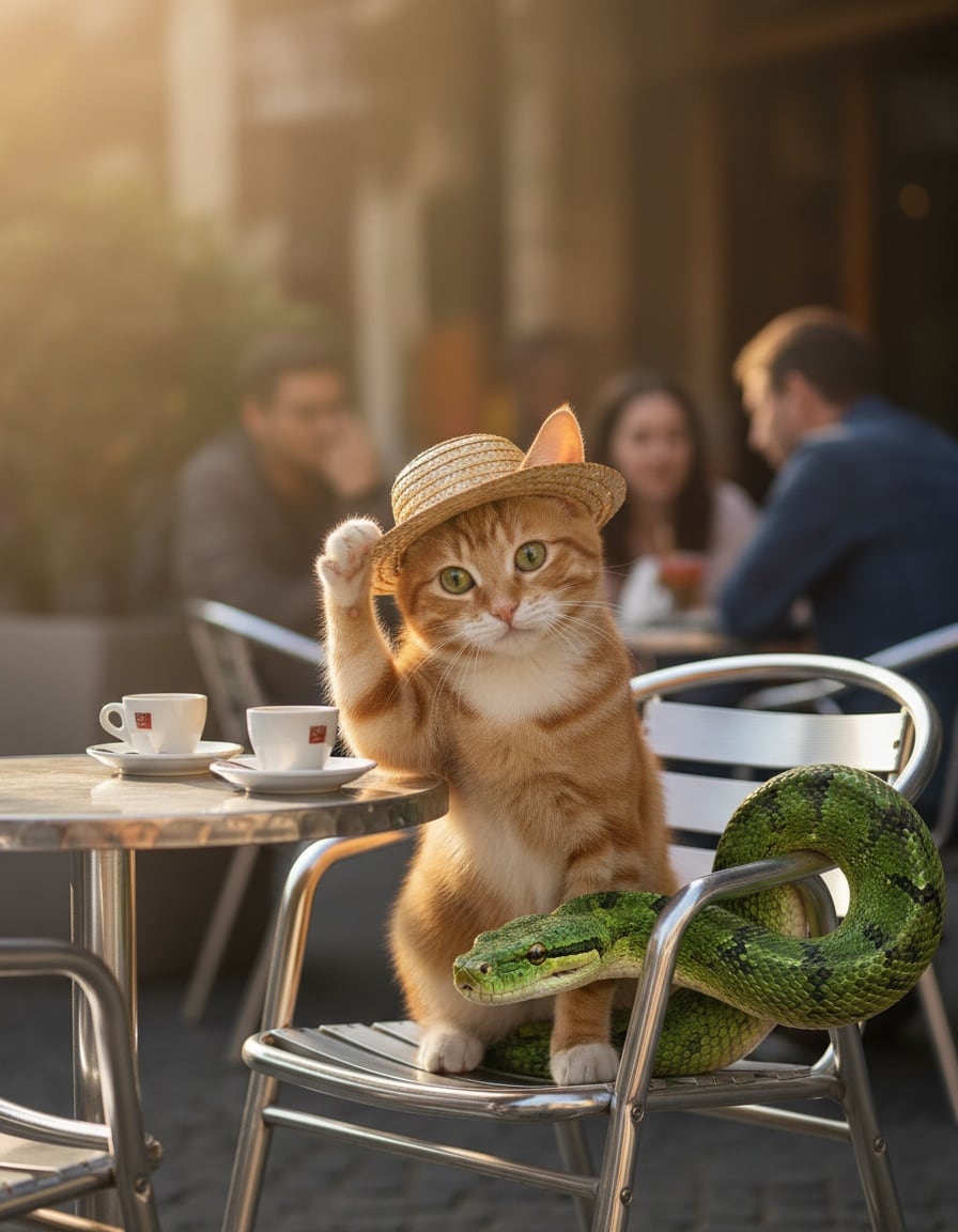 A ginger cat in a straw hat greets a late-arriving green snake at a sunny café table.