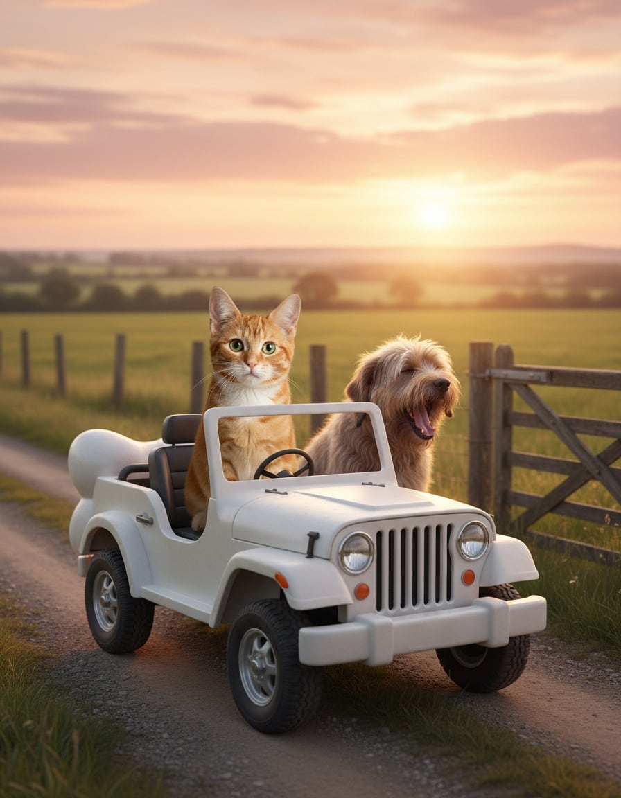 A ginger cat drives a bone-shaped jeep at sunrise, greeting a yawning dog by a farm gate.