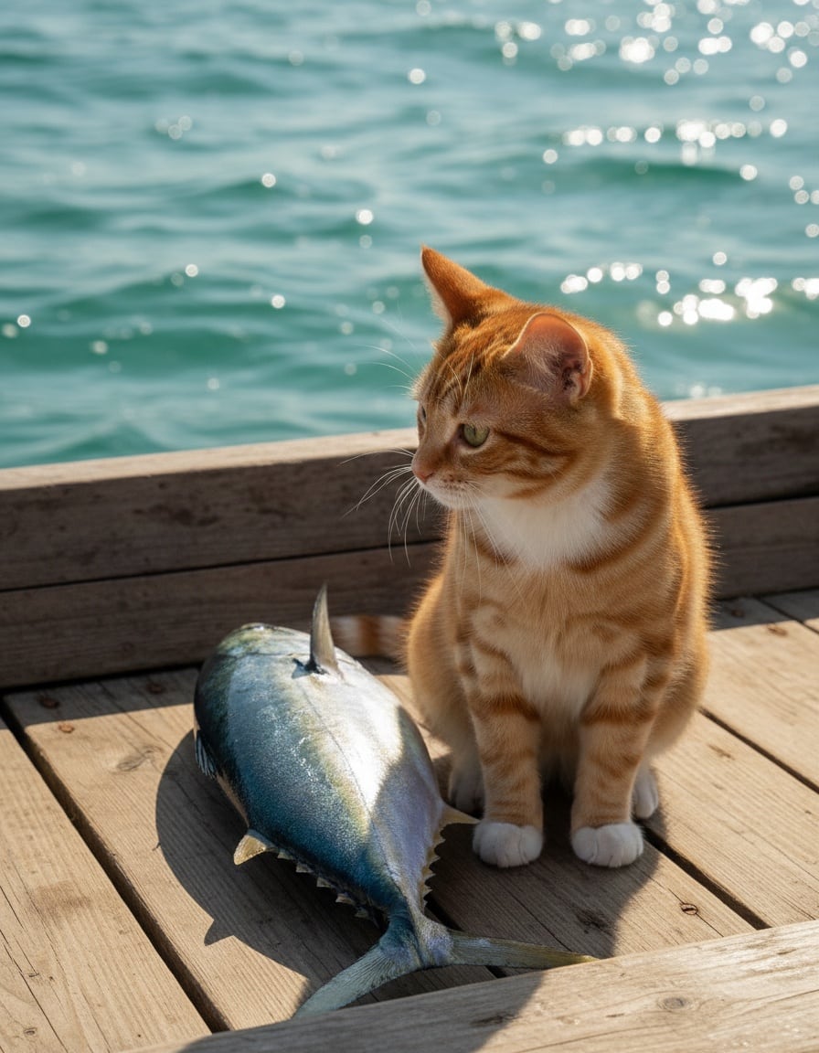 A ginger cat on a fishing boat admires a shiny silver-blue fish with dreamy eyes.