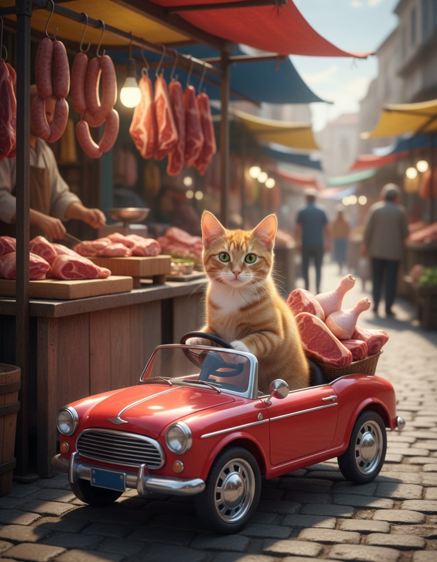 A ginger tabby cat drives a small red car piled with meat through a busy market.