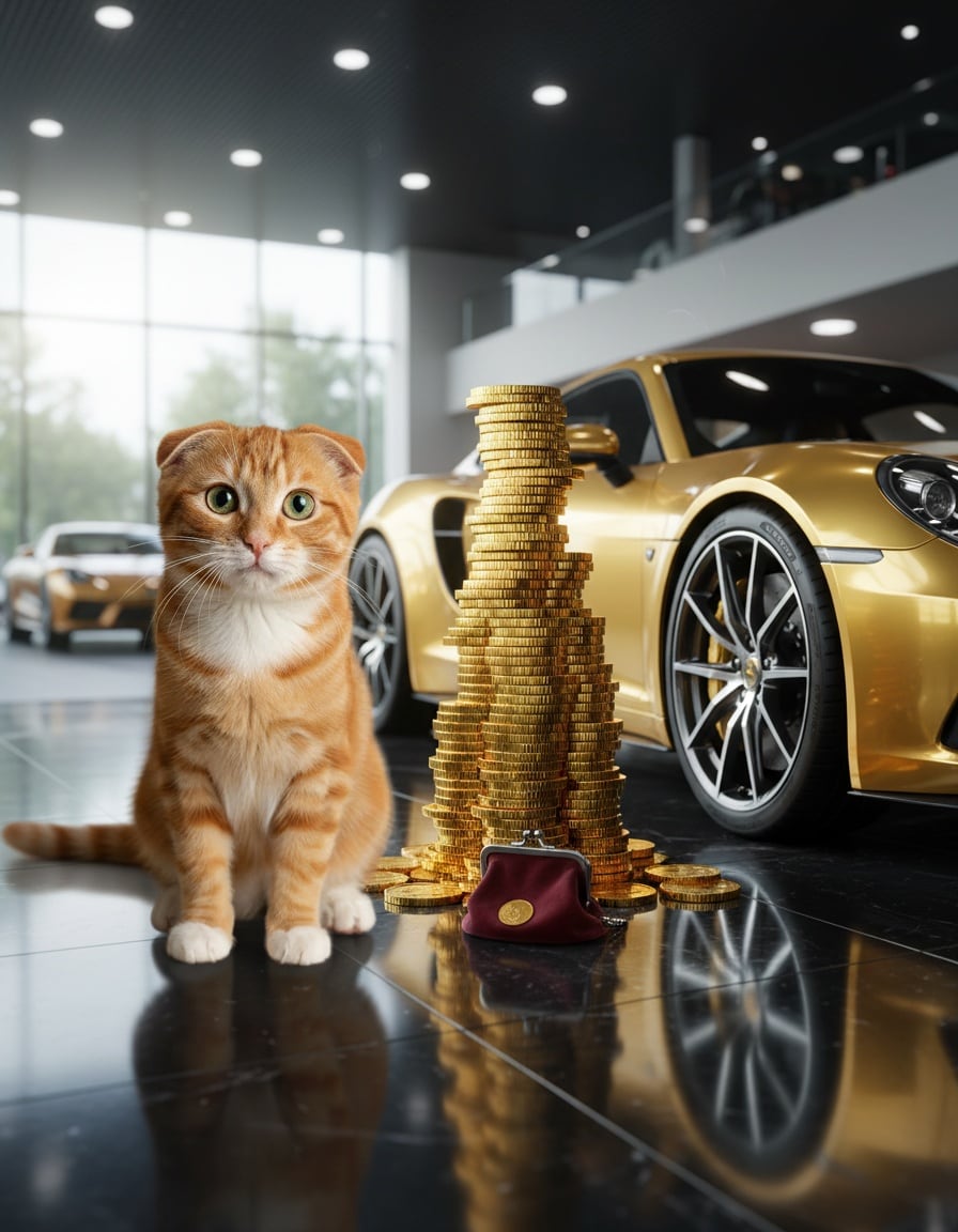 A ginger cat looks sadly at a huge pile of gold coins beside a shiny gold car in a showroom.