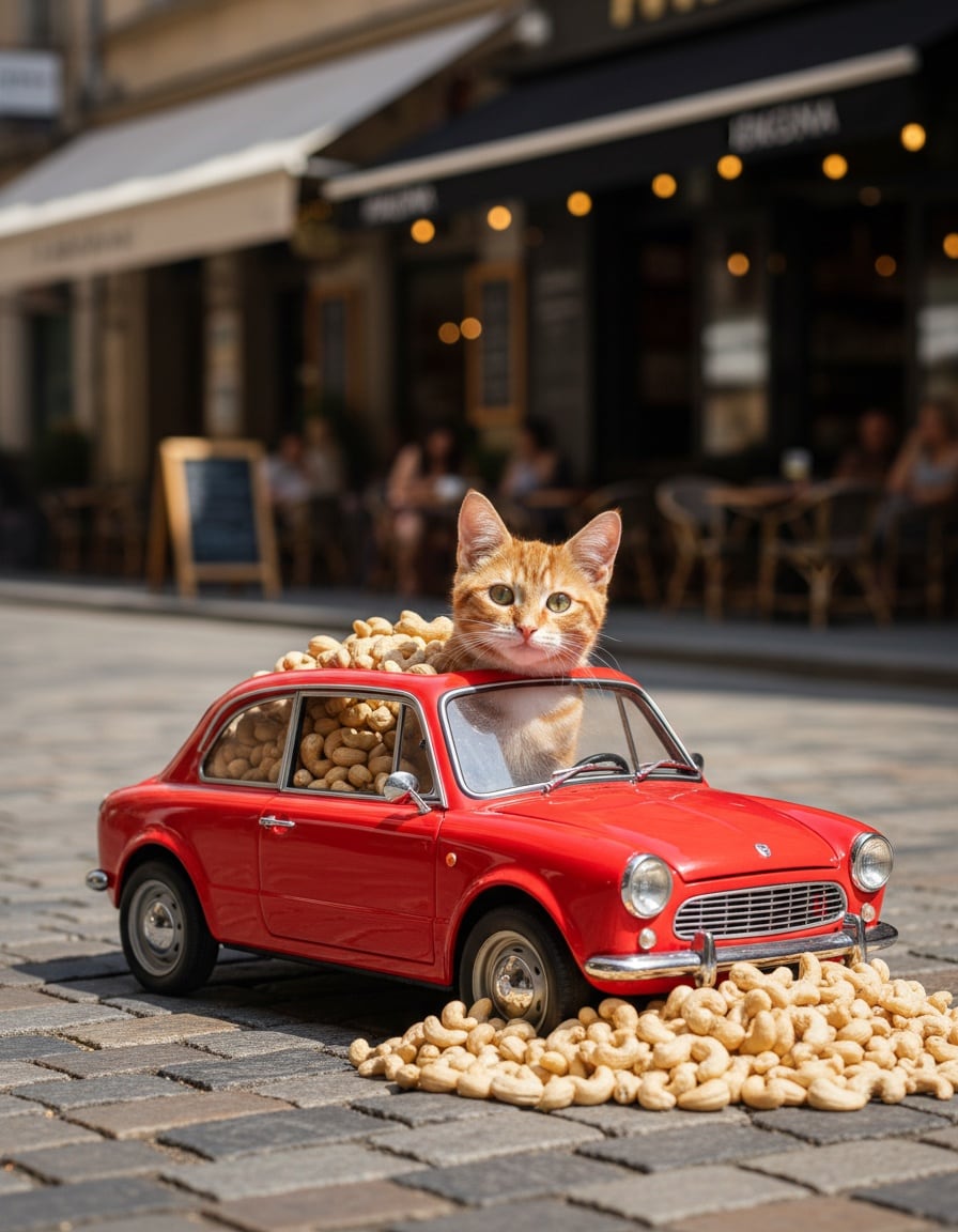 A ginger cat drives a small red car overflowing with cashew nuts on a city street.