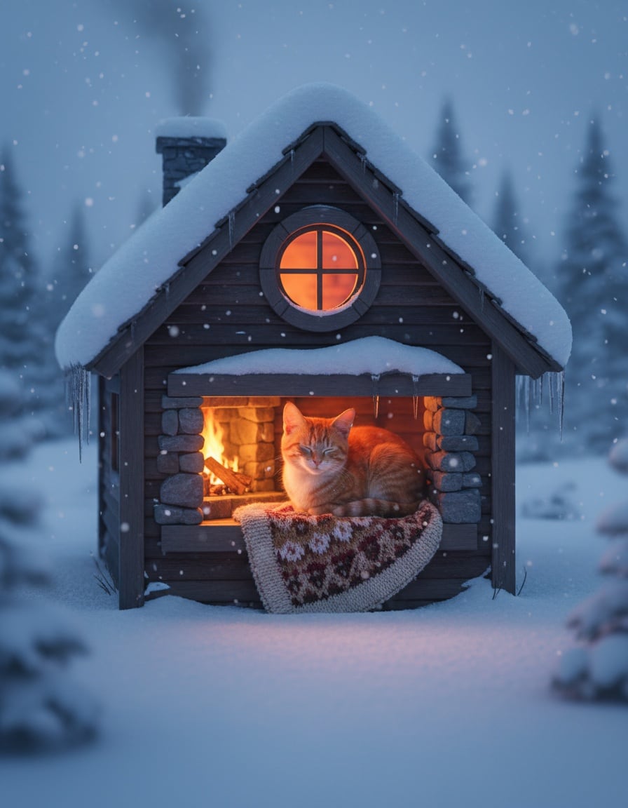 A ginger cat curls up by a fireplace inside a snow-covered cottage with a glowing window.