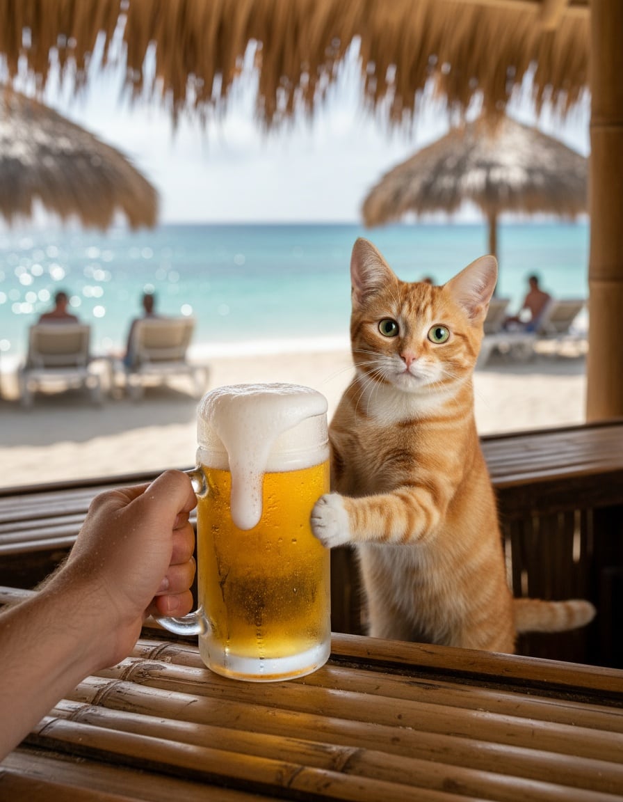 A ginger cat behind a beach bar slides a frosty glass of beer toward a customer's hand.