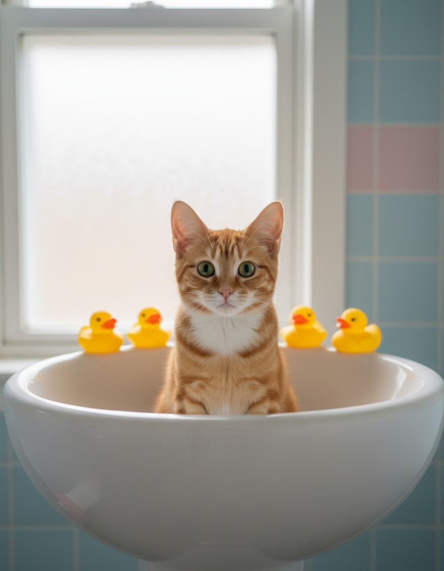A ginger cat sits in a bathroom sink with five yellow rubber ducks.