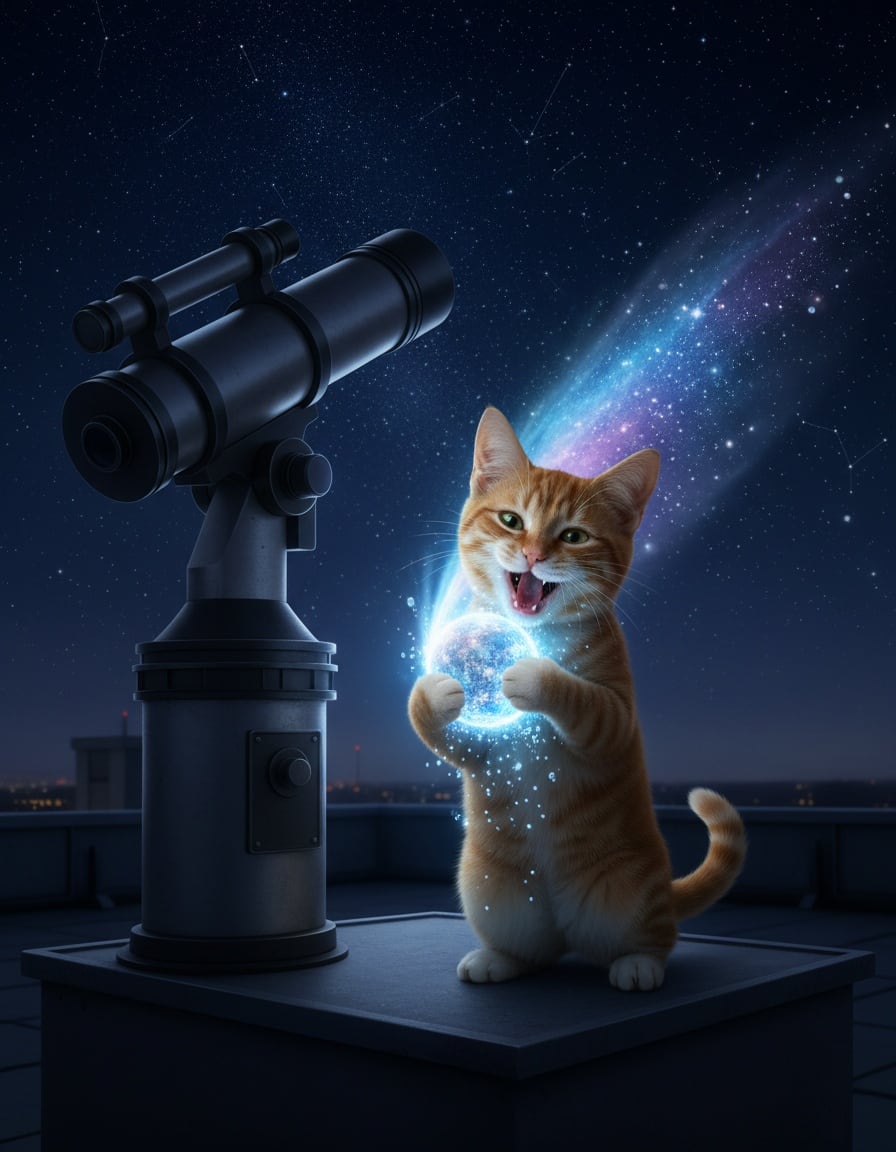 A ginger cat bites into a glowing comet like a snow cone on a rooftop under the stars.