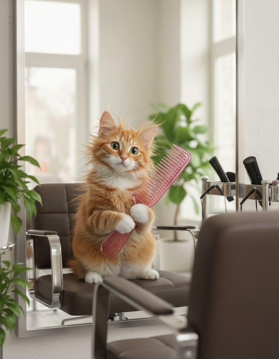 A puzzled ginger cat with messy fur holds a giant comb in a hair salon chair.
