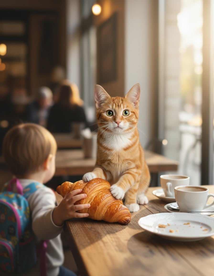 A ginger cat on a café table offers a croissant to a small child's reaching hand.