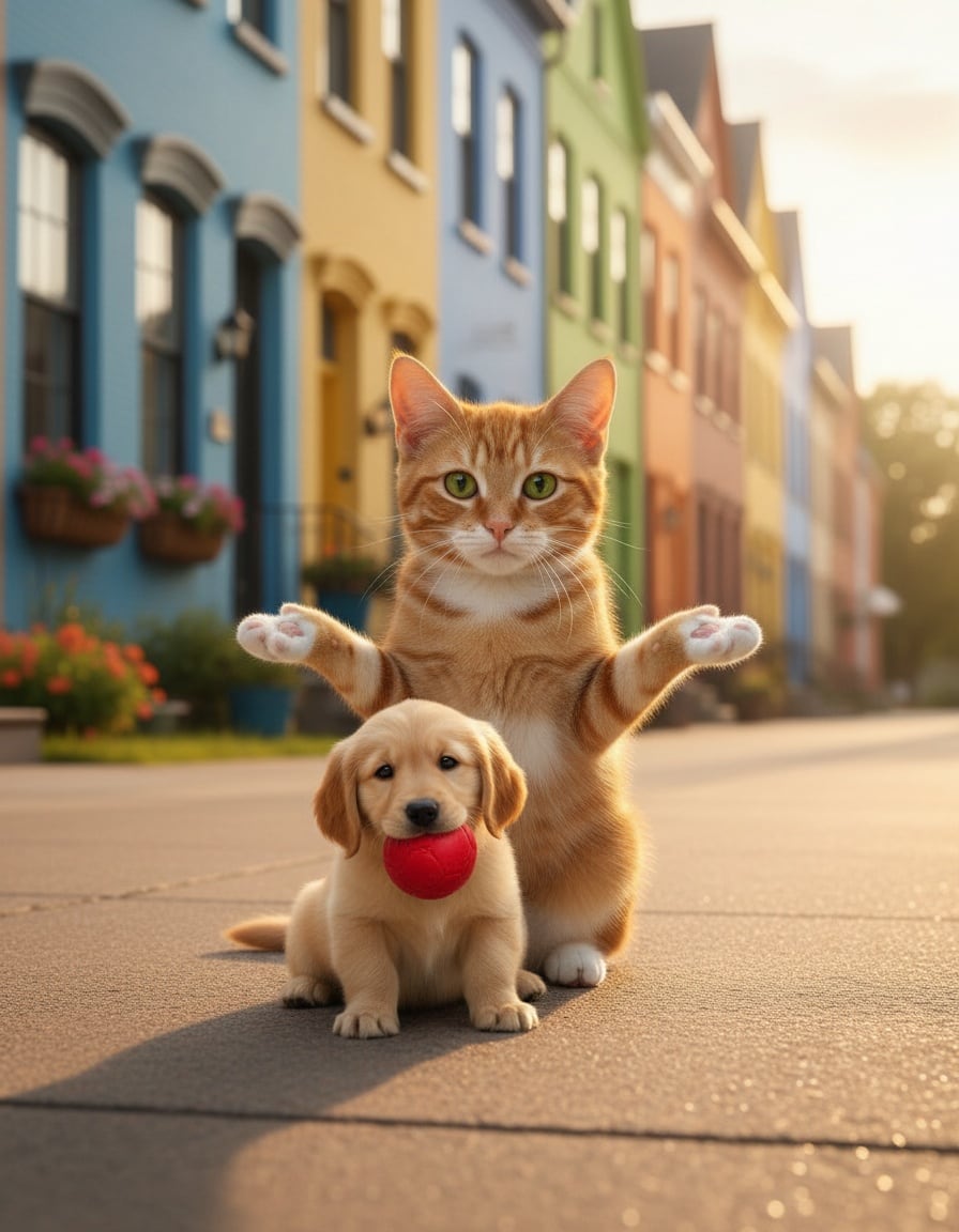 A ginger cat shrugs with empty paws as a grateful puppy holds a red ball on a sunny sidewalk.