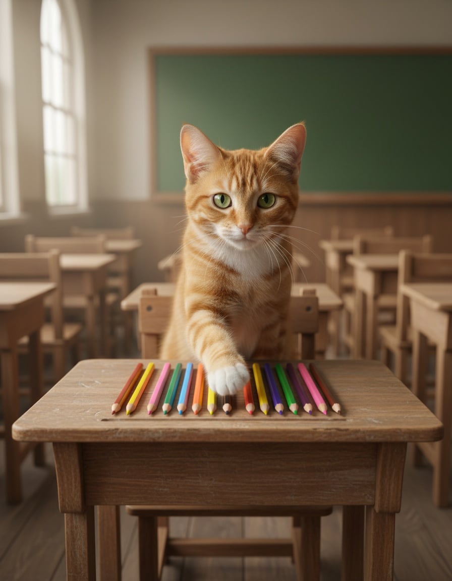 A ginger cat sits at a school desk with ten colourful pencils lined up in a row.