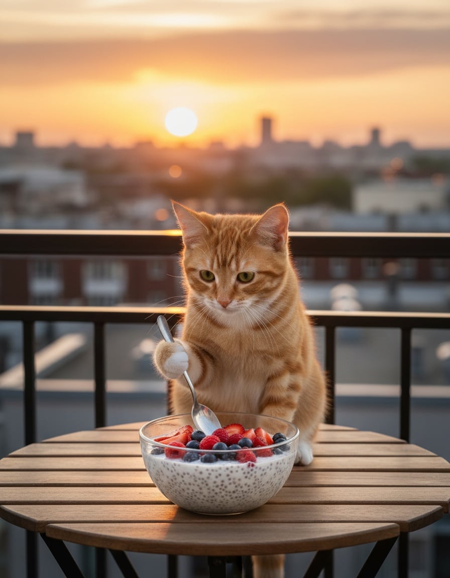 A ginger cat eats a bowl of chia pudding on a balcony as the sun rises.