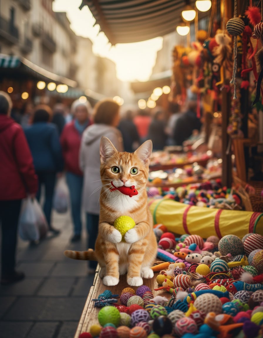 A ginger cat at a market stall holds exactly two toys, one in her mouth and one in her paws.