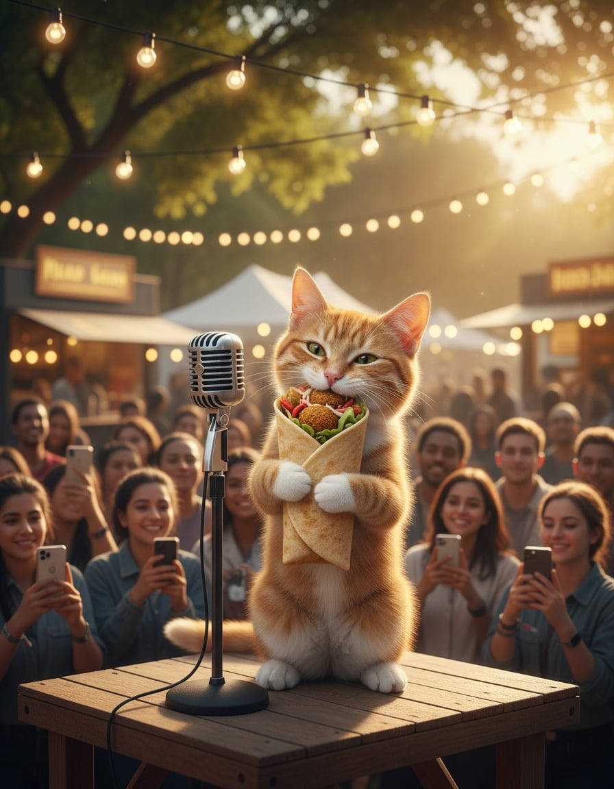 A ginger cat with puffed cheeks holds a falafel wrap and tries to speak into a microphone on a stage.