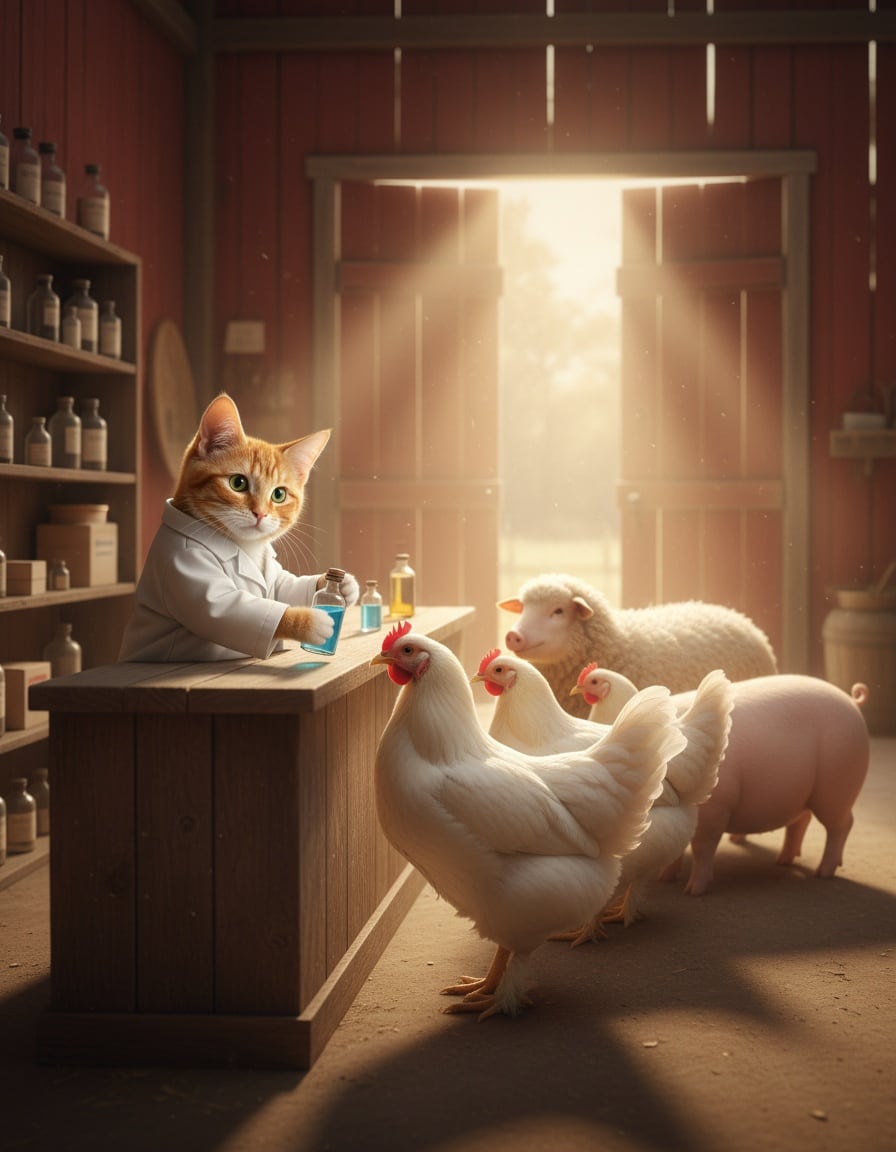 A ginger cat in a white coat runs a pharmacy counter in a barn for a queue of farm animals.