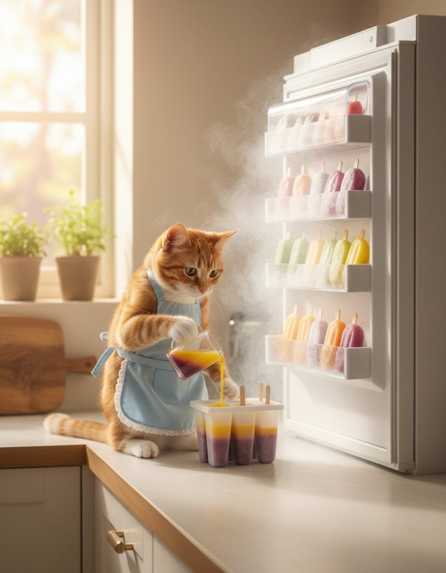 A ginger cat in an apron fills ice-pop moulds next to an open, misty freezer full of ice pops.