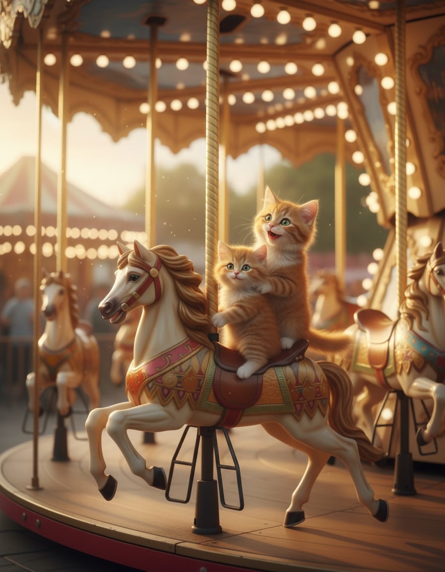 A ginger tabby cat watches her kitten ride a painted wooden pony on a carousel.