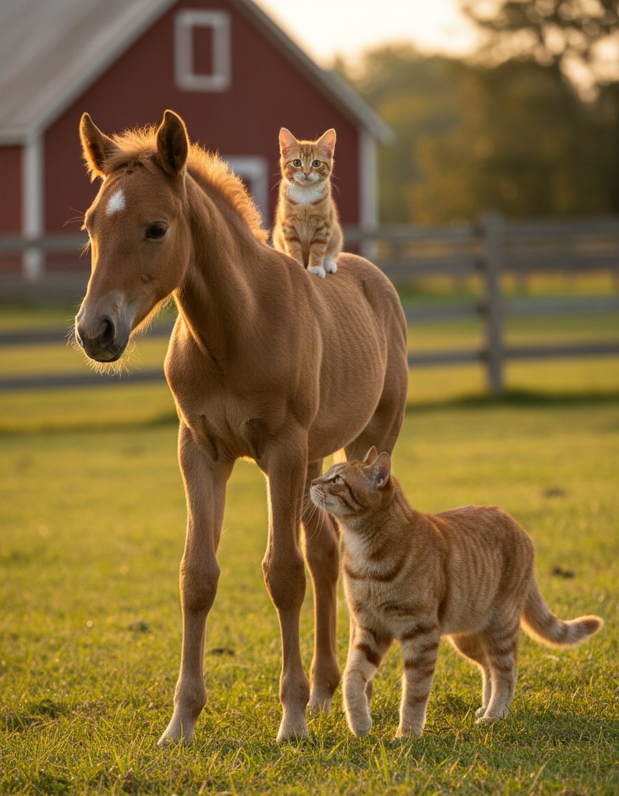 A ginger cat walks beside a young horse carrying a tiny ginger kitten across a farm meadow.