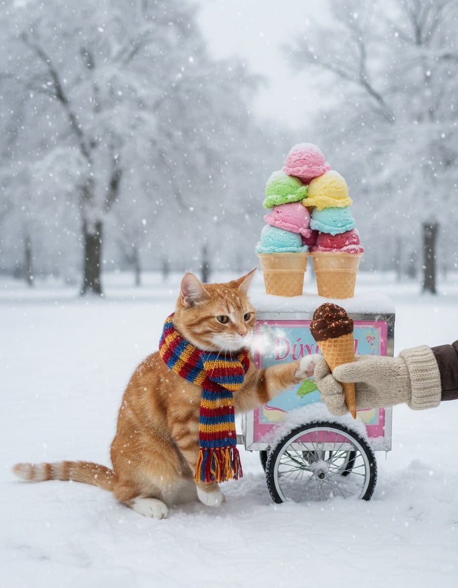 A shivering ginger cat in a scarf refuses an ice cream cone beside a cart in a snowy park.