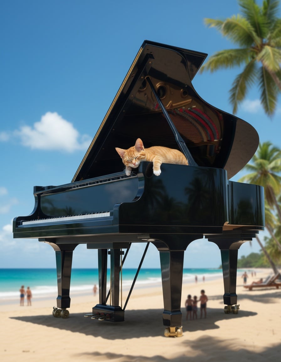 A ginger cat sleeps on top of a gigantic grand piano on a beach.