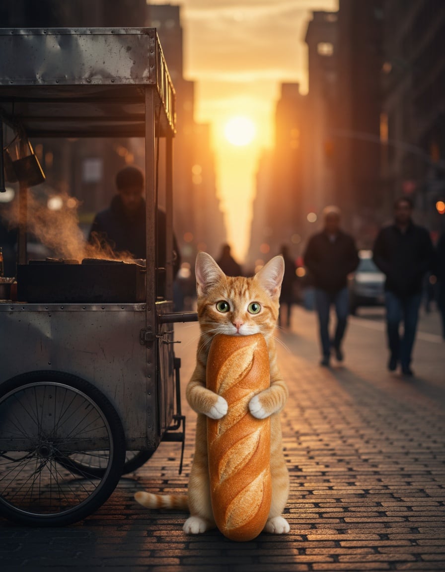 A ginger cat at a street food cart hugs a huge sandwich at sunrise.