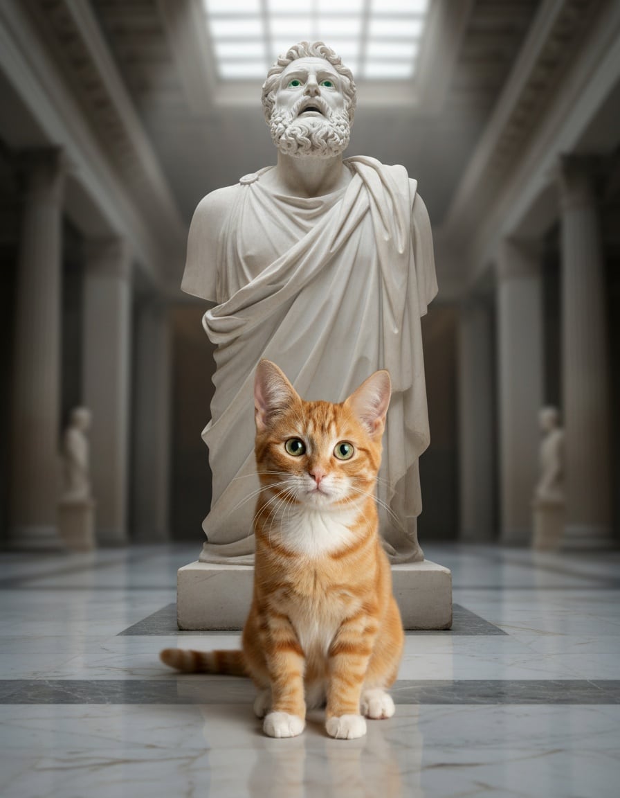 A ginger tabby cat gazes up in amazement at a huge marble statue of a man in a museum hall.
