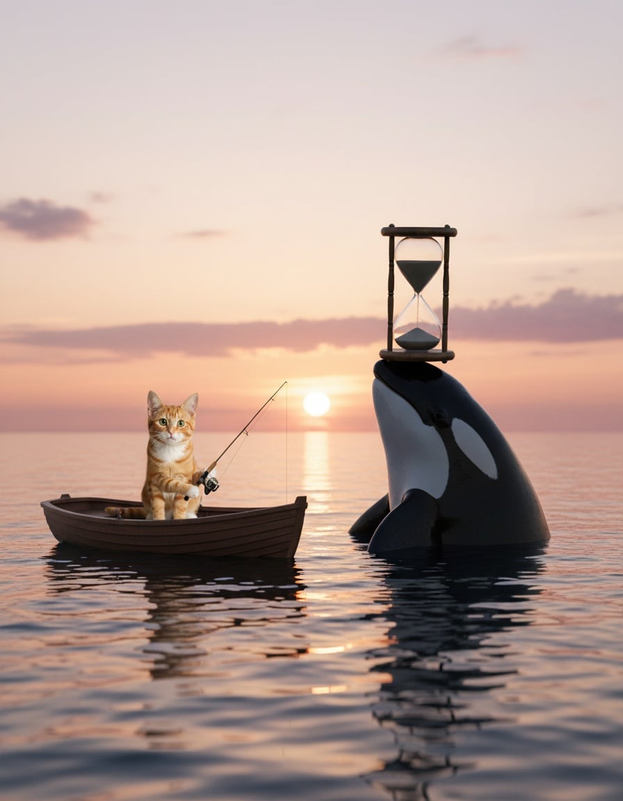 A ginger tabby cat in a rowboat looks at an orca holding an hourglass at sunset.