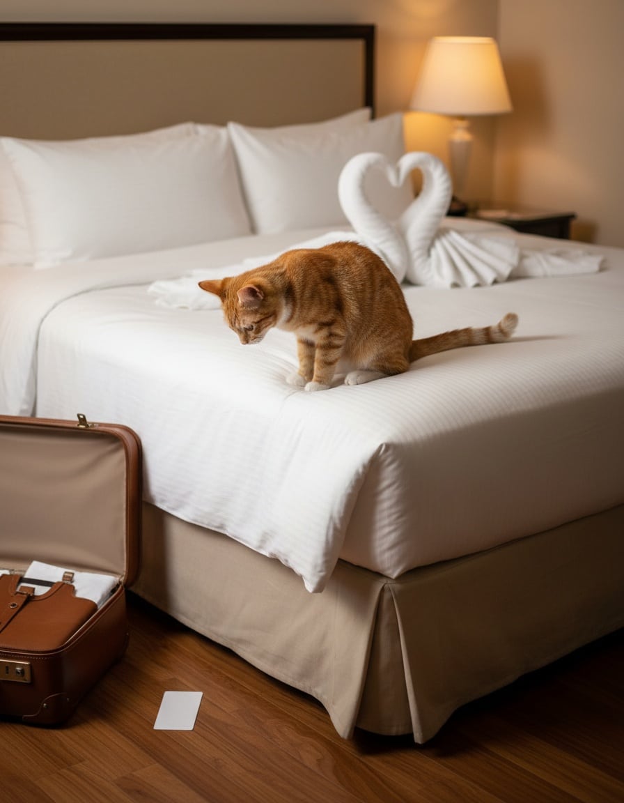 A ginger cat bows to a towel folded into a swan on a hotel bed.