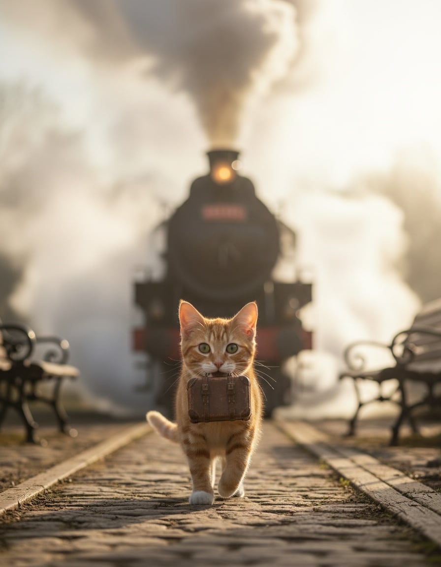 A ginger tabby cat with one ear perked hurries along a train platform carrying a small suitcase toward a steam train.
